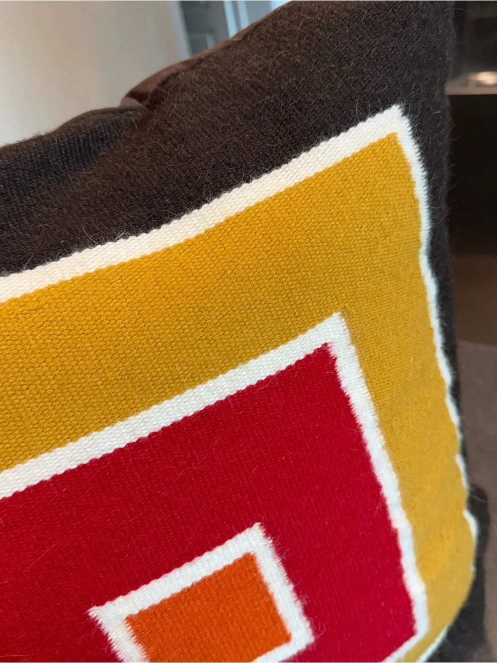 Crate & Barrel Wari throw pillow wool alpaca blend brown retro red natural 20x20